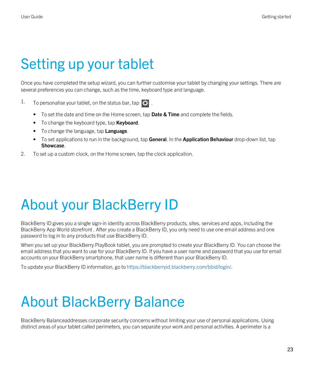 Blackberry 2.0.1 manual Setting up your tablet, About your BlackBerry ID, About BlackBerry Balance 