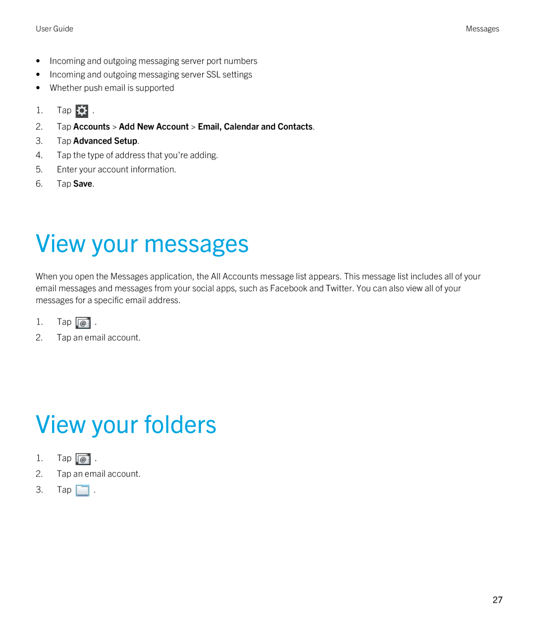 Blackberry 2.0.1 manual View your messages, View your folders, Tap Tap an email account 