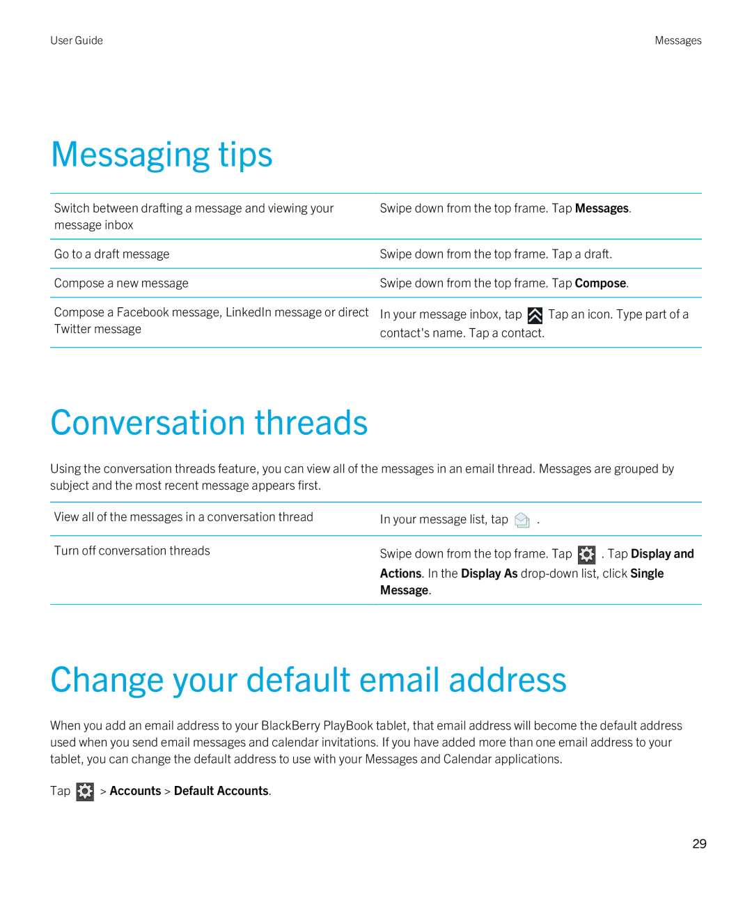 Blackberry 2.0.1 manual Messaging tips, Conversation threads, Change your default email address 