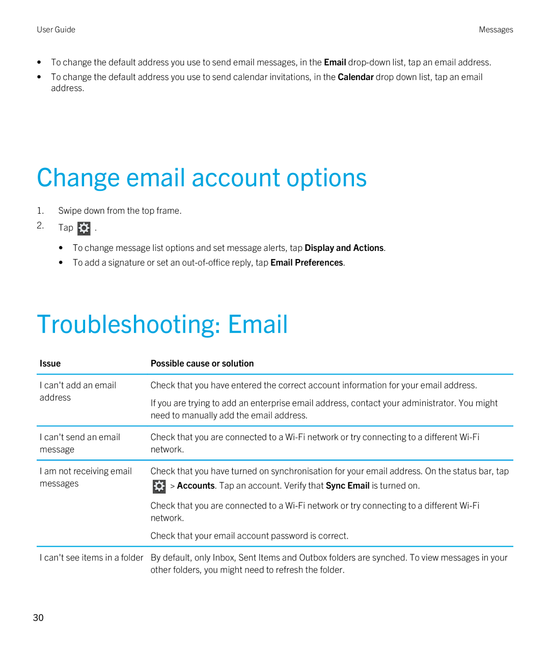 Blackberry 2.0.1 manual Change email account options, Troubleshooting Email, Issue 