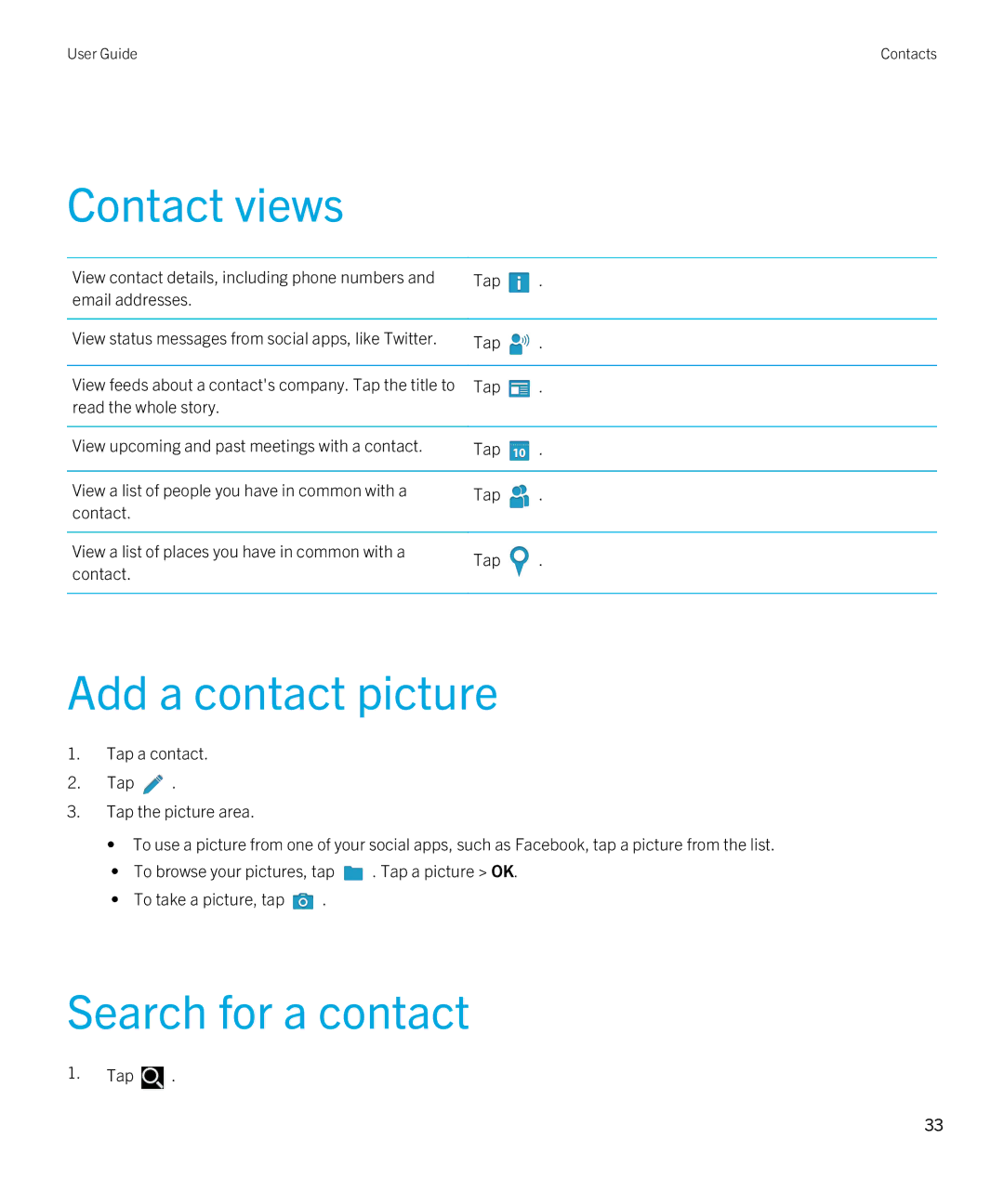 Blackberry 2.0.1 manual Contact views, Add a contact picture, Search for a contact 