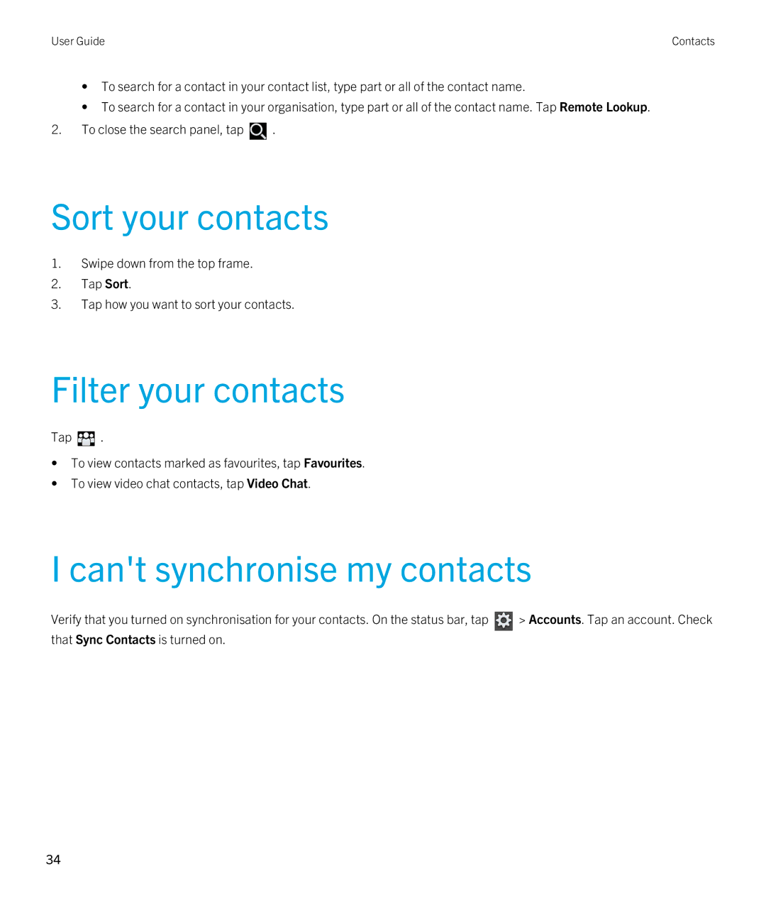 Blackberry 2.0.1 manual Sort your contacts, Filter your contacts, Cant synchronise my contacts 