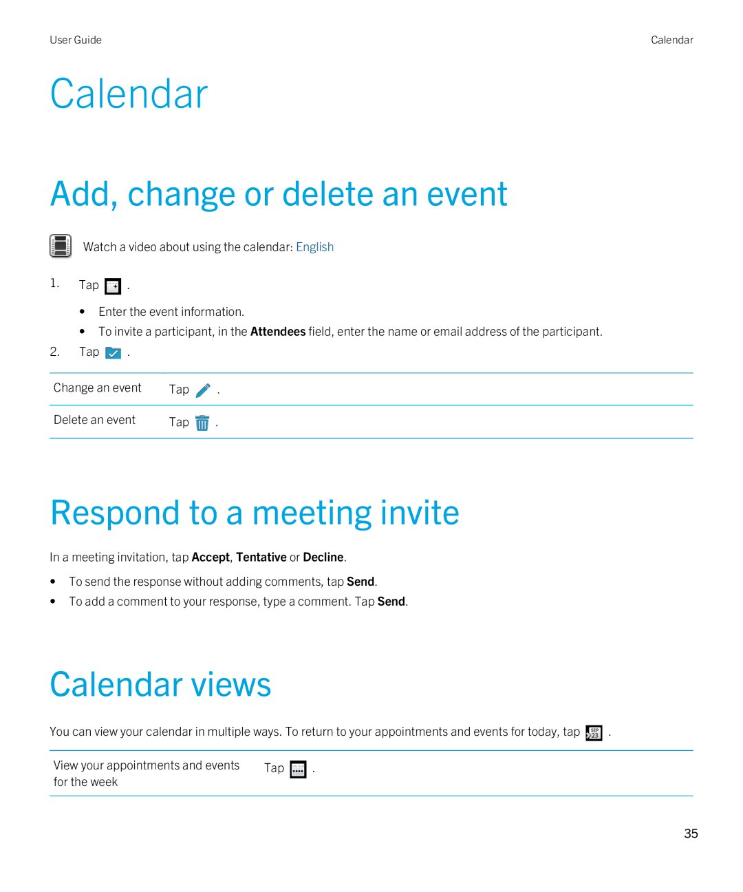 Blackberry 2.0.1 manual Add, change or delete an event, Respond to a meeting invite, Calendar views 