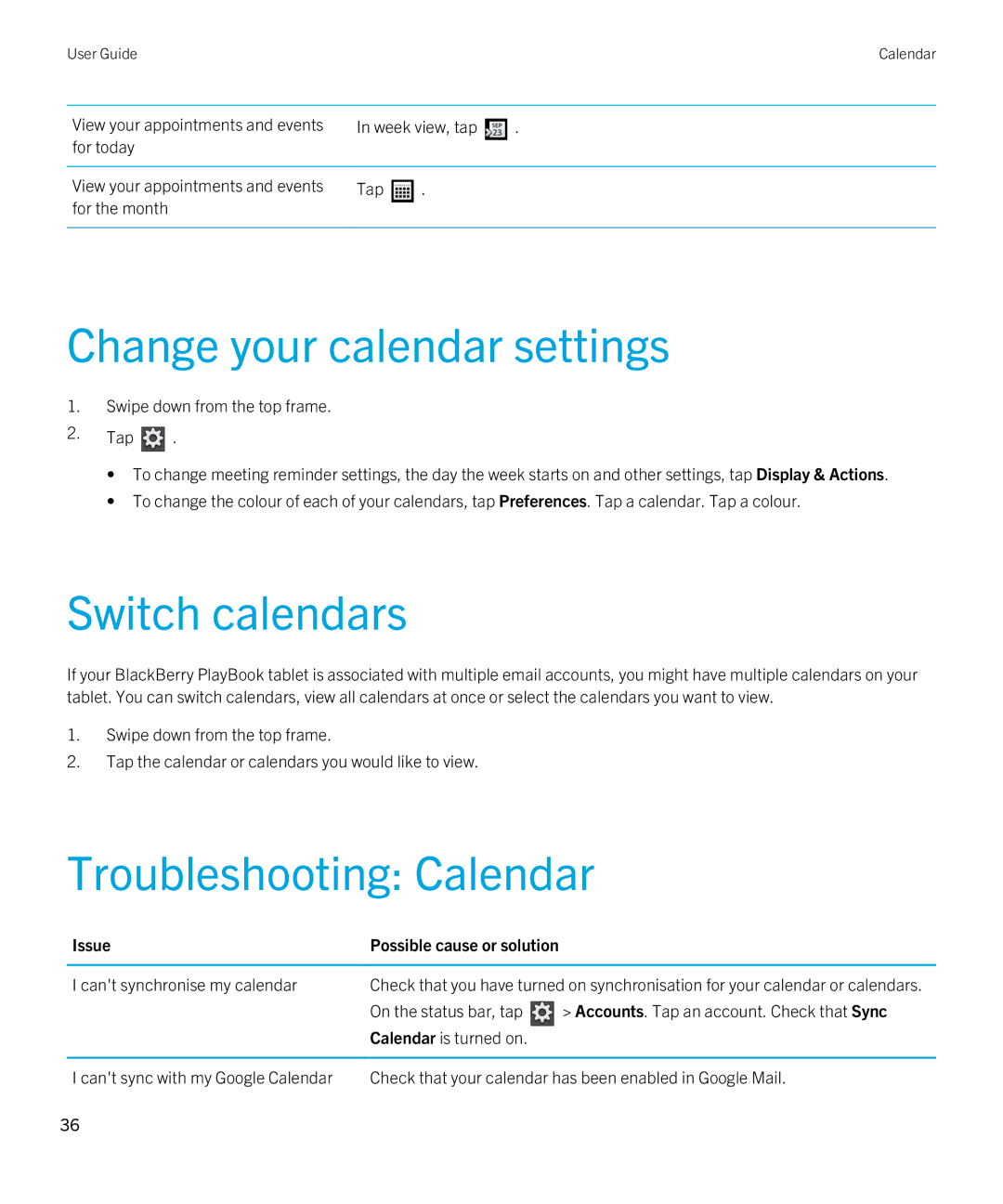 Blackberry 2.0.1 Change your calendar settings, Switch calendars, Troubleshooting Calendar, Cant synchronise my calendar 