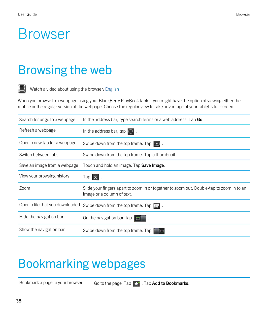 Blackberry 2.0.1 manual Browser, Browsing the web, Bookmarking webpages 