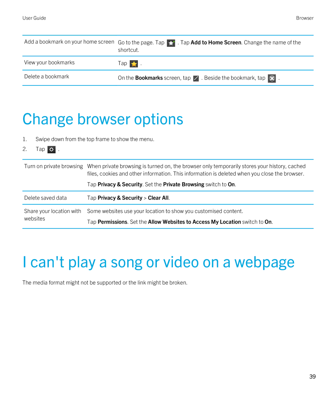 Blackberry 2.0.1 manual Change browser options, Cant play a song or video on a webpage, Delete saved data 