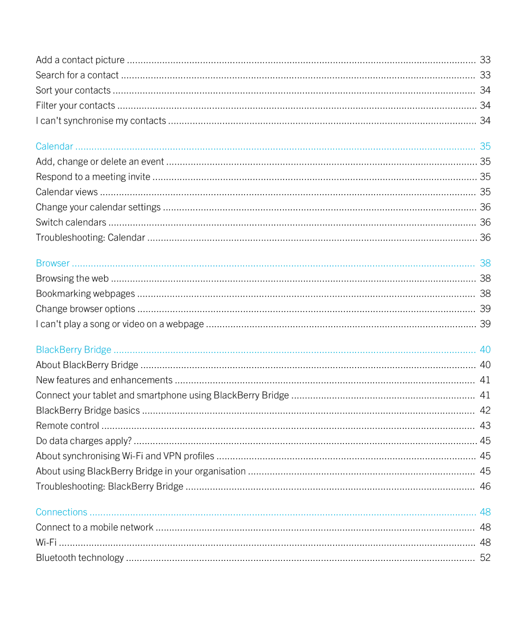 Blackberry 2.0.1 manual Calendar, Connect to a mobile network Wi-Fi Bluetooth technology 