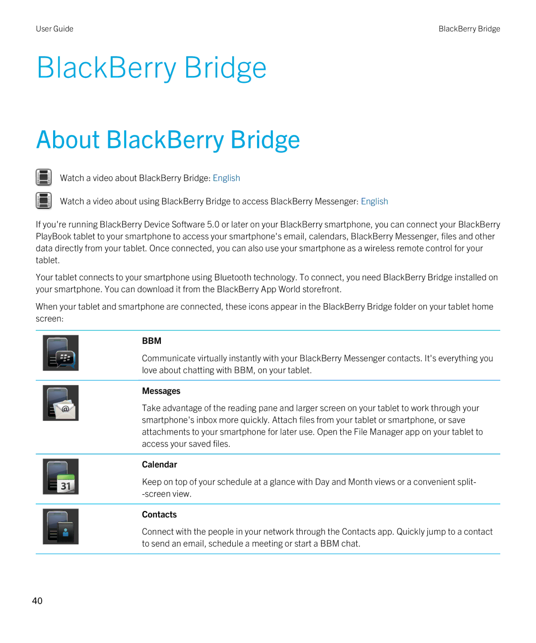 Blackberry 2.0.1 manual About BlackBerry Bridge, Messages, Calendar, Contacts 