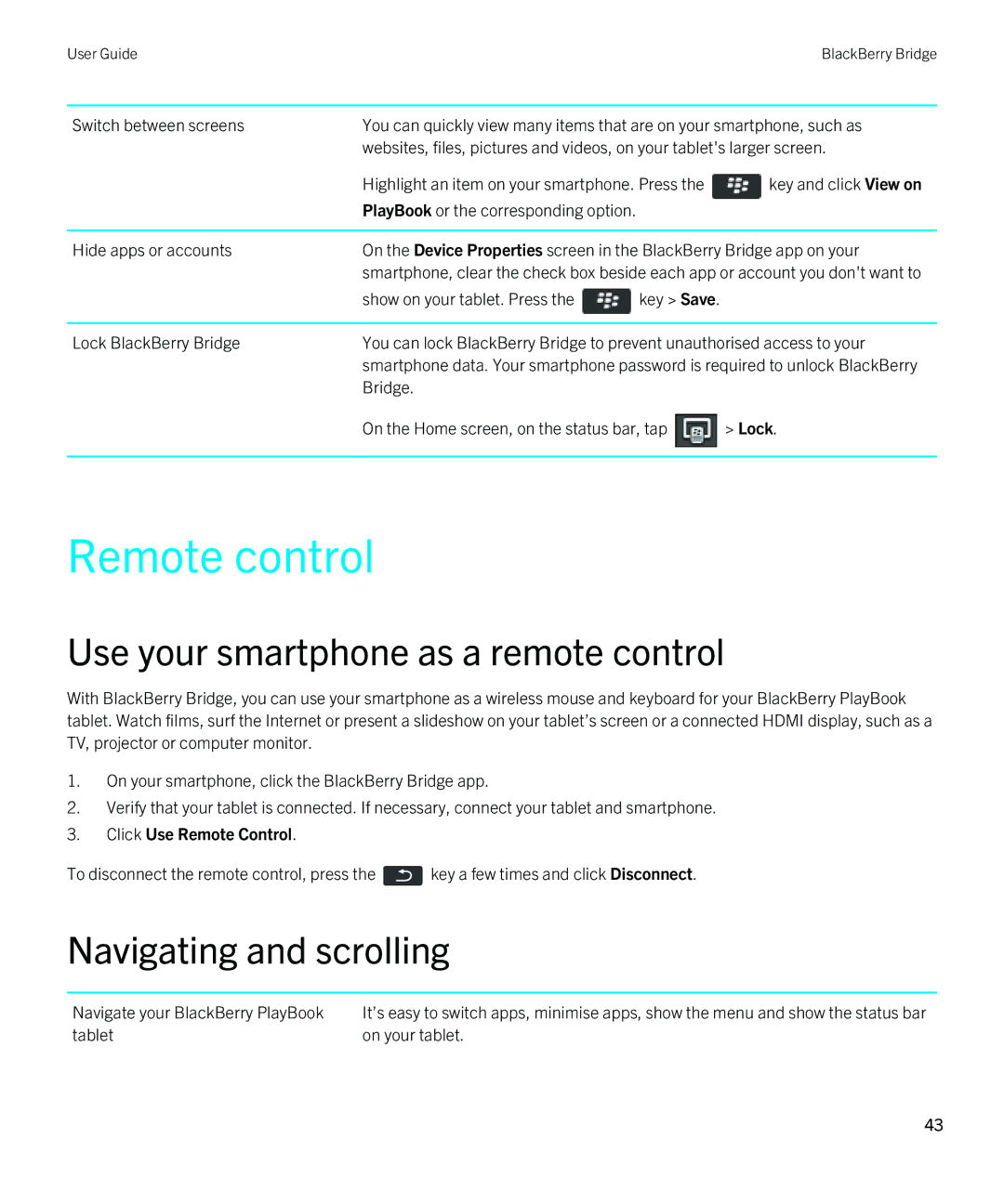 Blackberry 2.0.1 manual Remote control, Use your smartphone as a remote control, Navigating and scrolling 