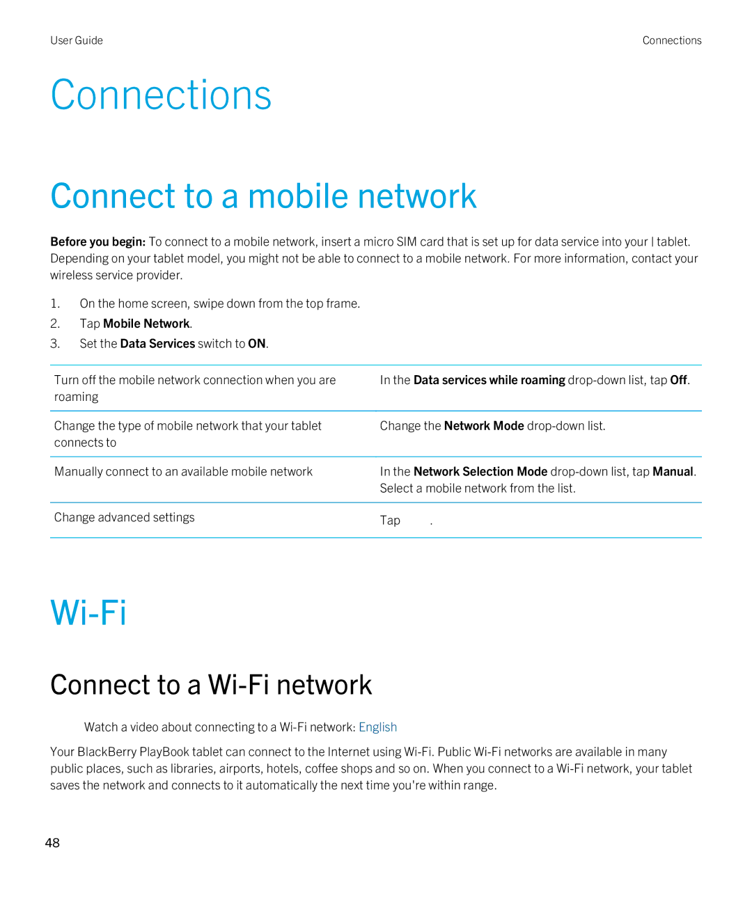 Blackberry 2.0.1 manual Connections, Connect to a mobile network, Connect to a Wi-Fi network 