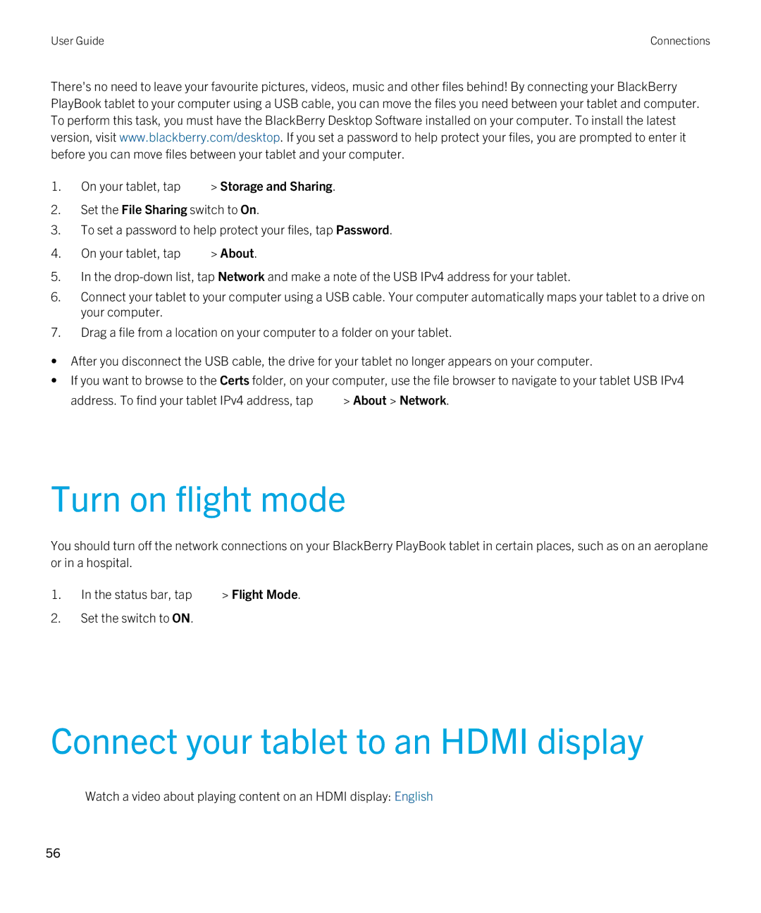 Blackberry 2.0.1 manual Turn on flight mode, Connect your tablet to an Hdmi display 