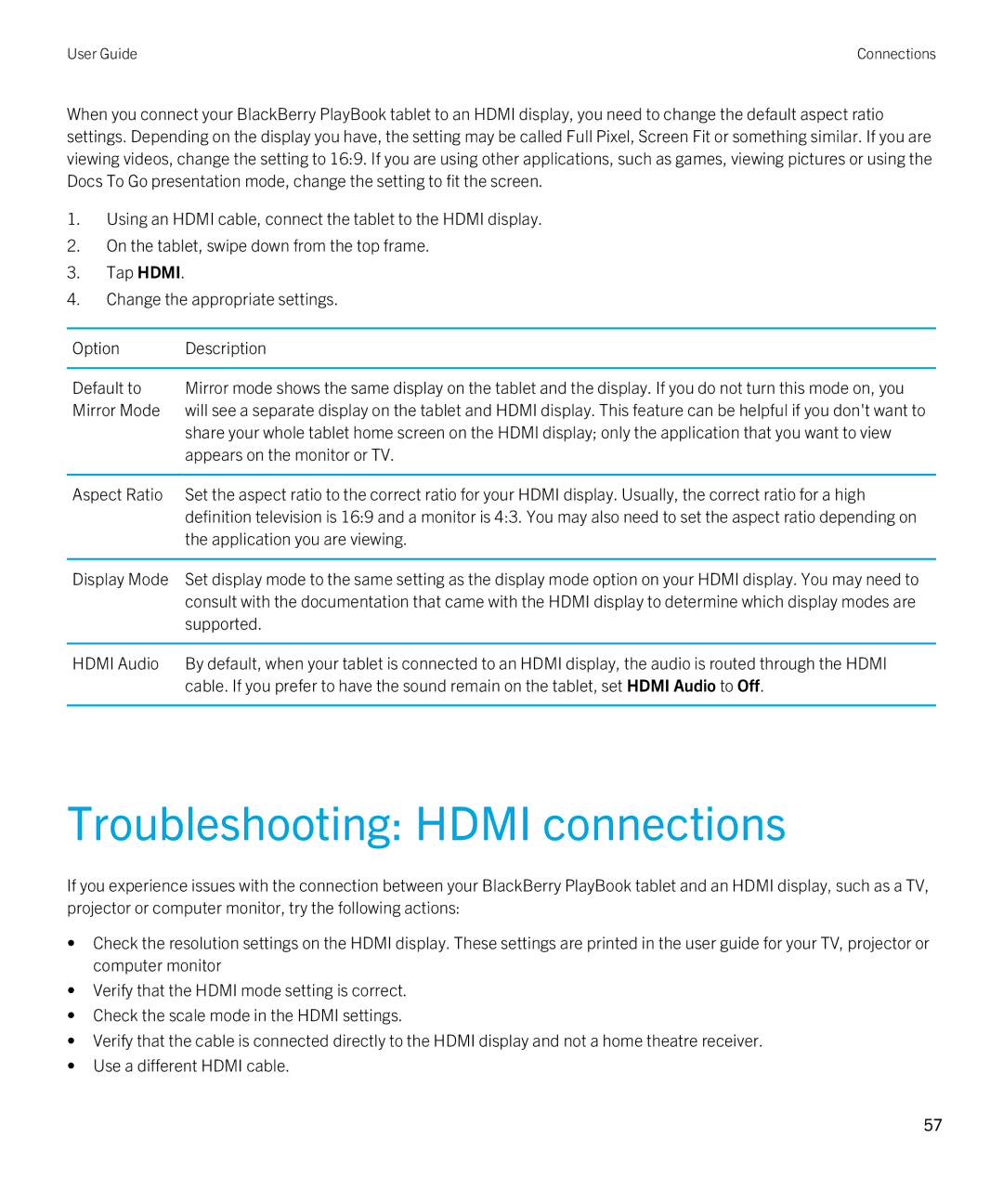 Blackberry 2.0.1 manual Troubleshooting Hdmi connections 