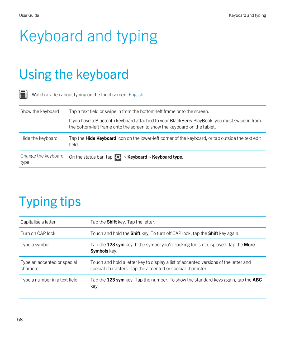 Blackberry 2.0.1 manual Keyboard and typing, Using the keyboard, Typing tips, Keyboard Keyboard type, Symbols key 