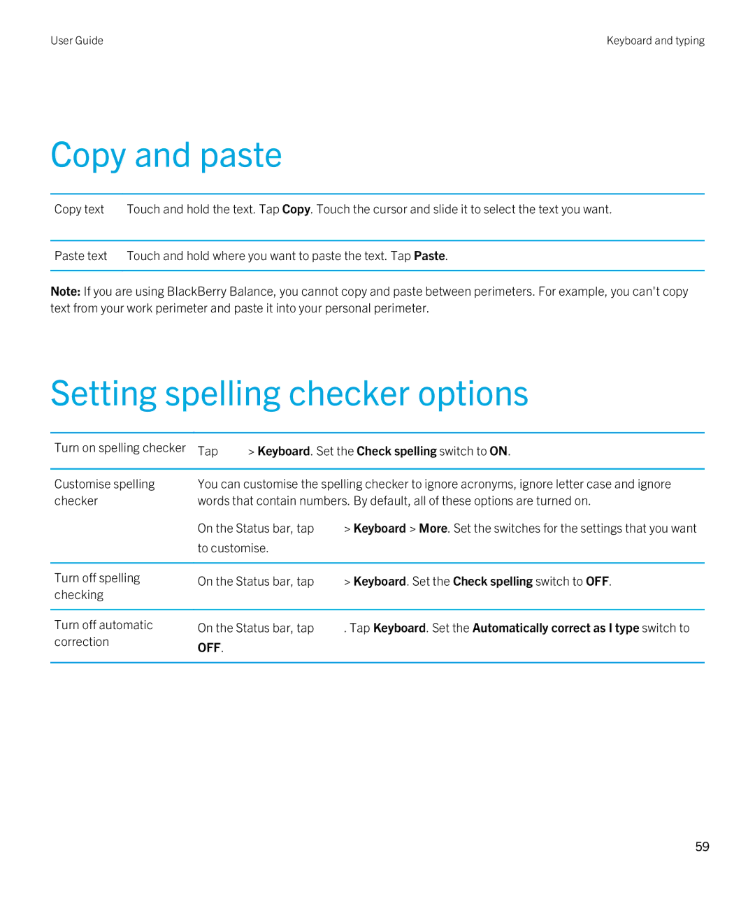 Blackberry 2.0.1 manual Copy and paste, Setting spelling checker options, Keyboard. Set the Check spelling switch to on 