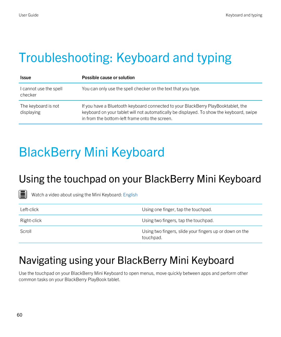 Blackberry 2.0.1 Troubleshooting Keyboard and typing, BlackBerry Mini Keyboard, From the bottom-left frame onto the screen 