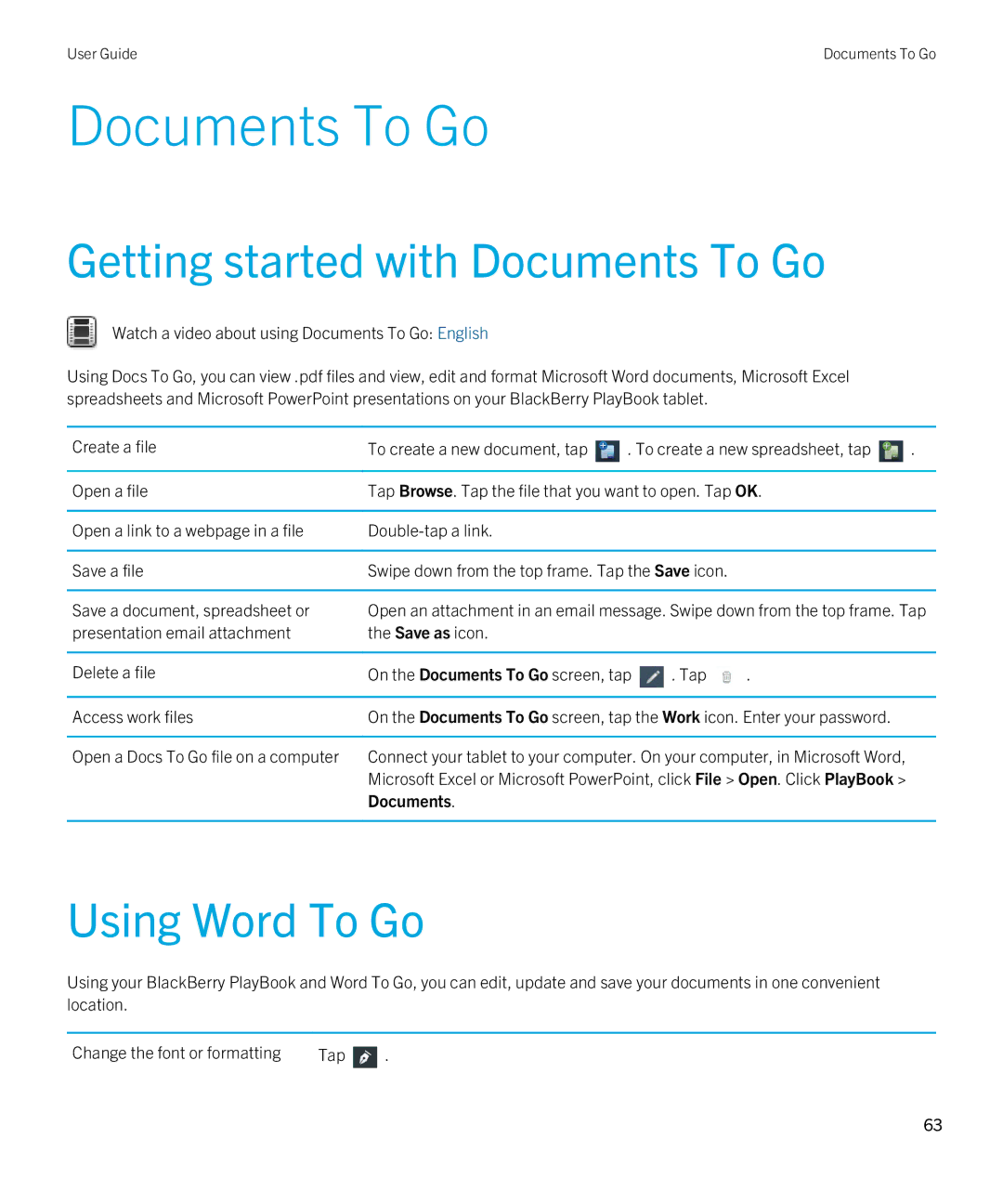 Blackberry 2.0.1 manual Getting started with Documents To Go, Using Word To Go 