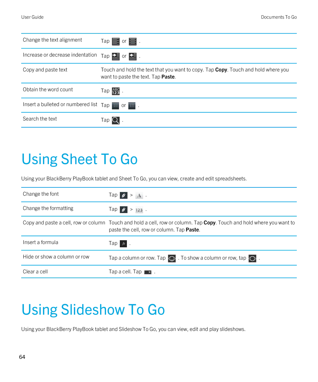 Blackberry 2.0.1 manual Using Sheet To Go, Using Slideshow To Go 