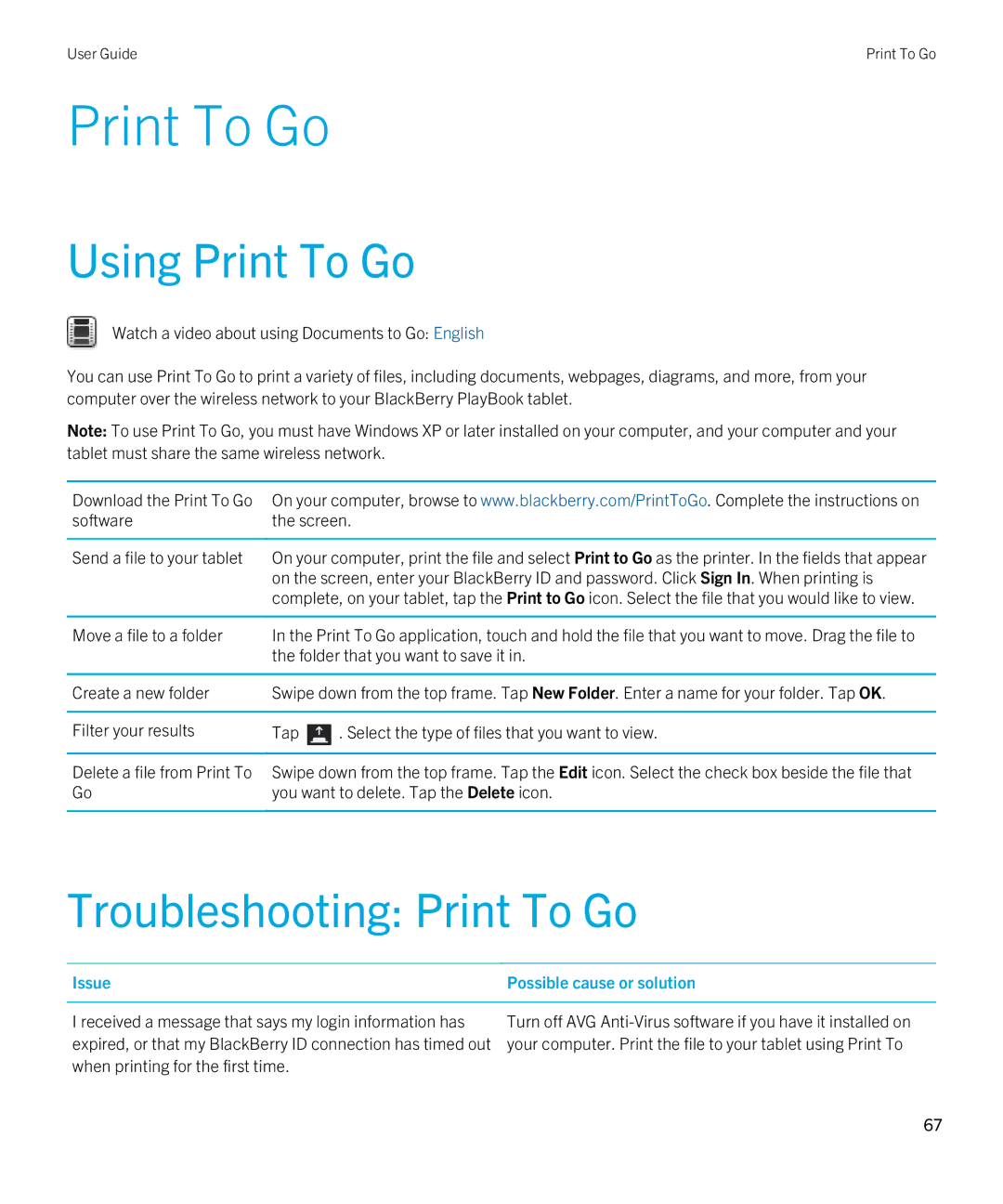 Blackberry 2.0.1 manual Using Print To Go, Troubleshooting Print To Go 