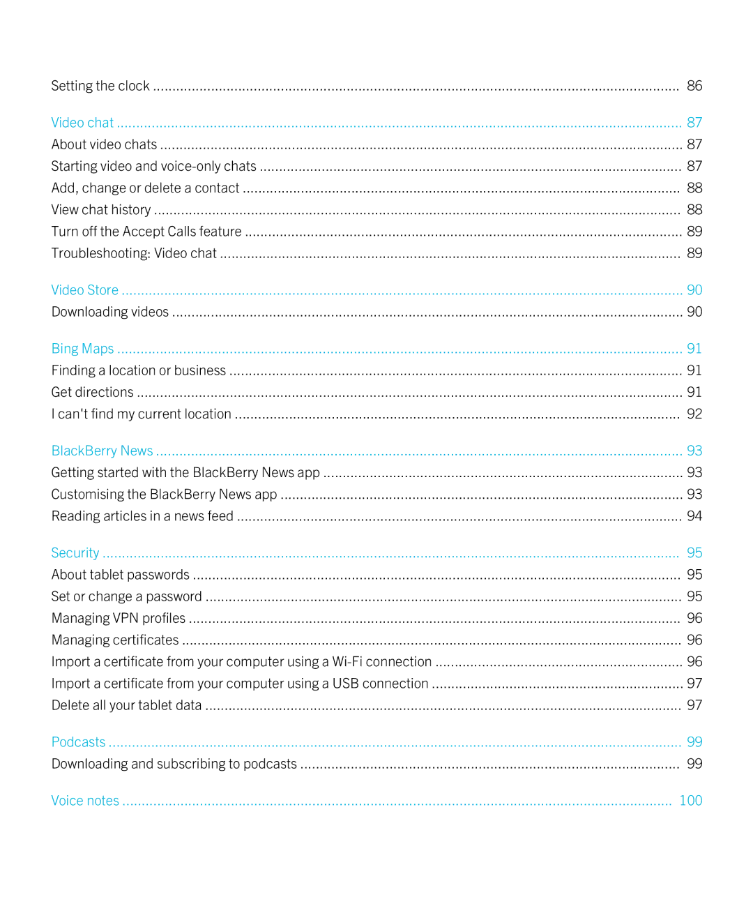 Blackberry 2.0.1 manual Setting the clock, Downloading videos, Downloading and subscribing to podcasts 