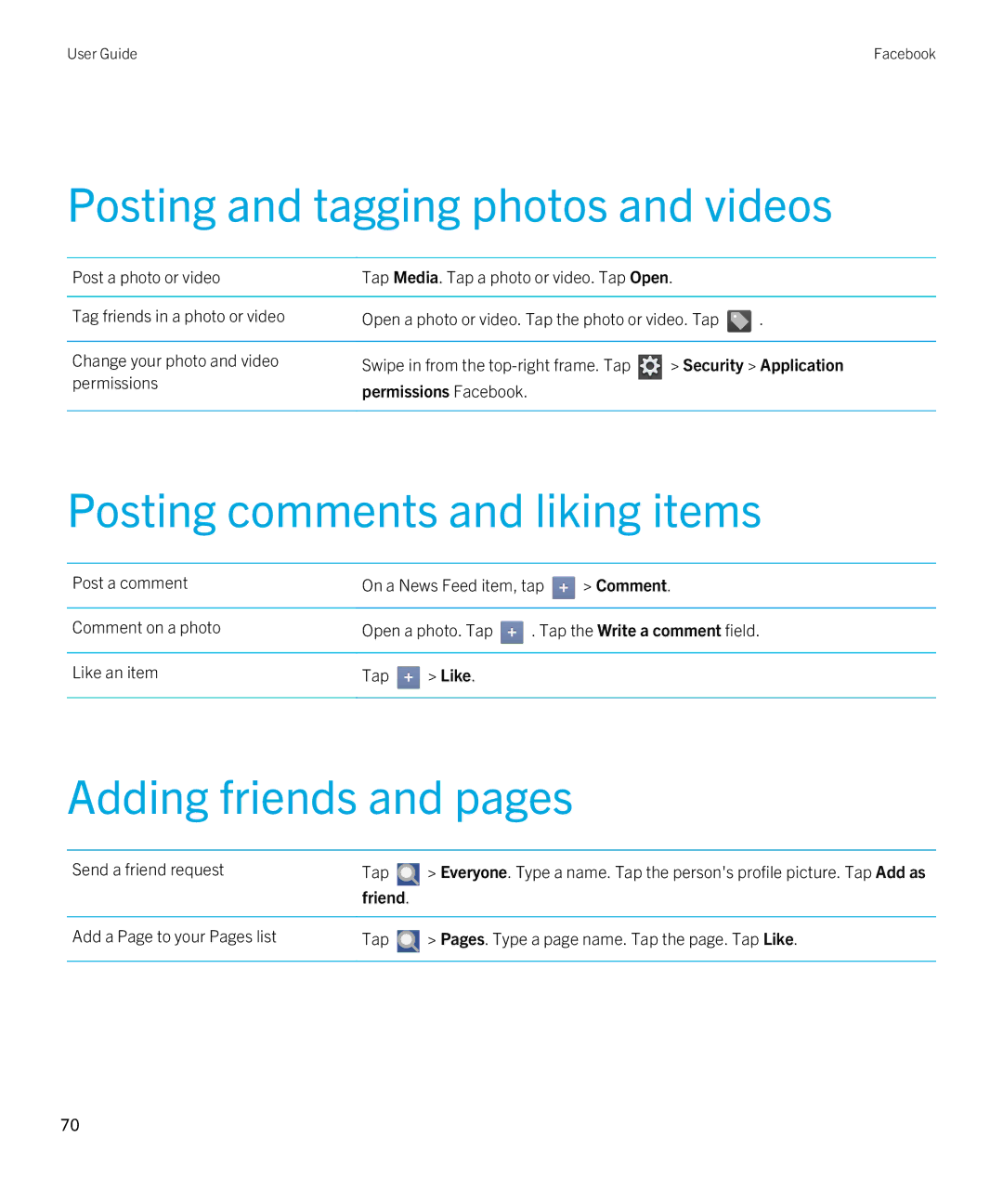 Blackberry 2.0.1 manual Posting and tagging photos and videos, Posting comments and liking items, Adding friends and pages 