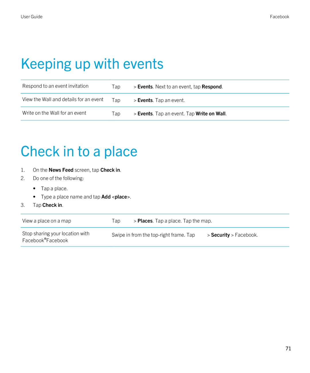 Blackberry 2.0.1 manual Keeping up with events, Check in to a place, Tap Check 