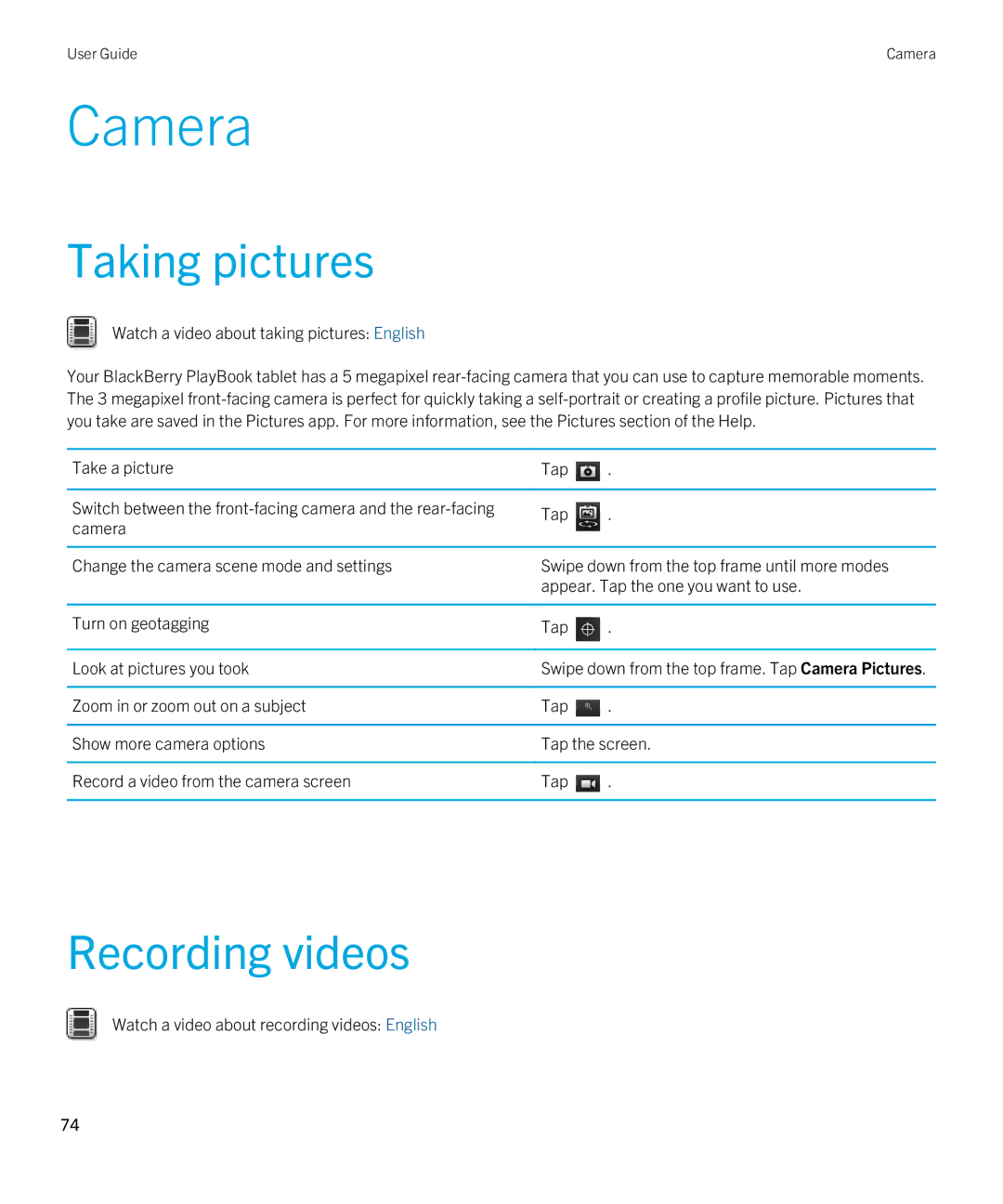 Blackberry 2.0.1 manual Camera, Taking pictures, Recording videos, Watch a video about taking pictures English 