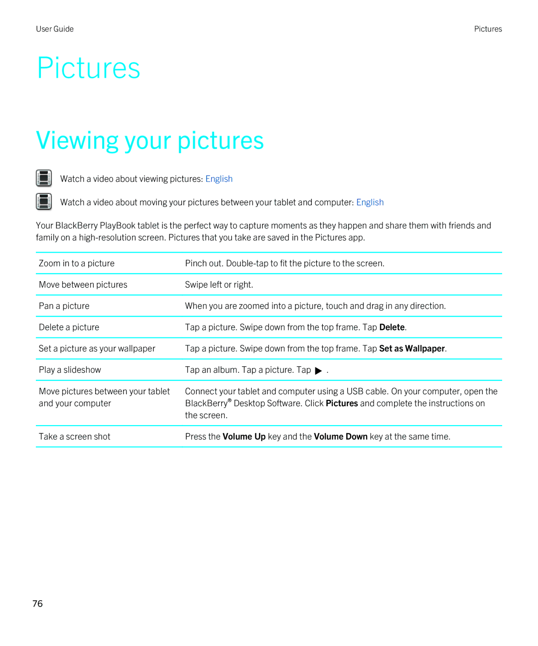 Blackberry 2.0.1 manual Pictures, Viewing your pictures 