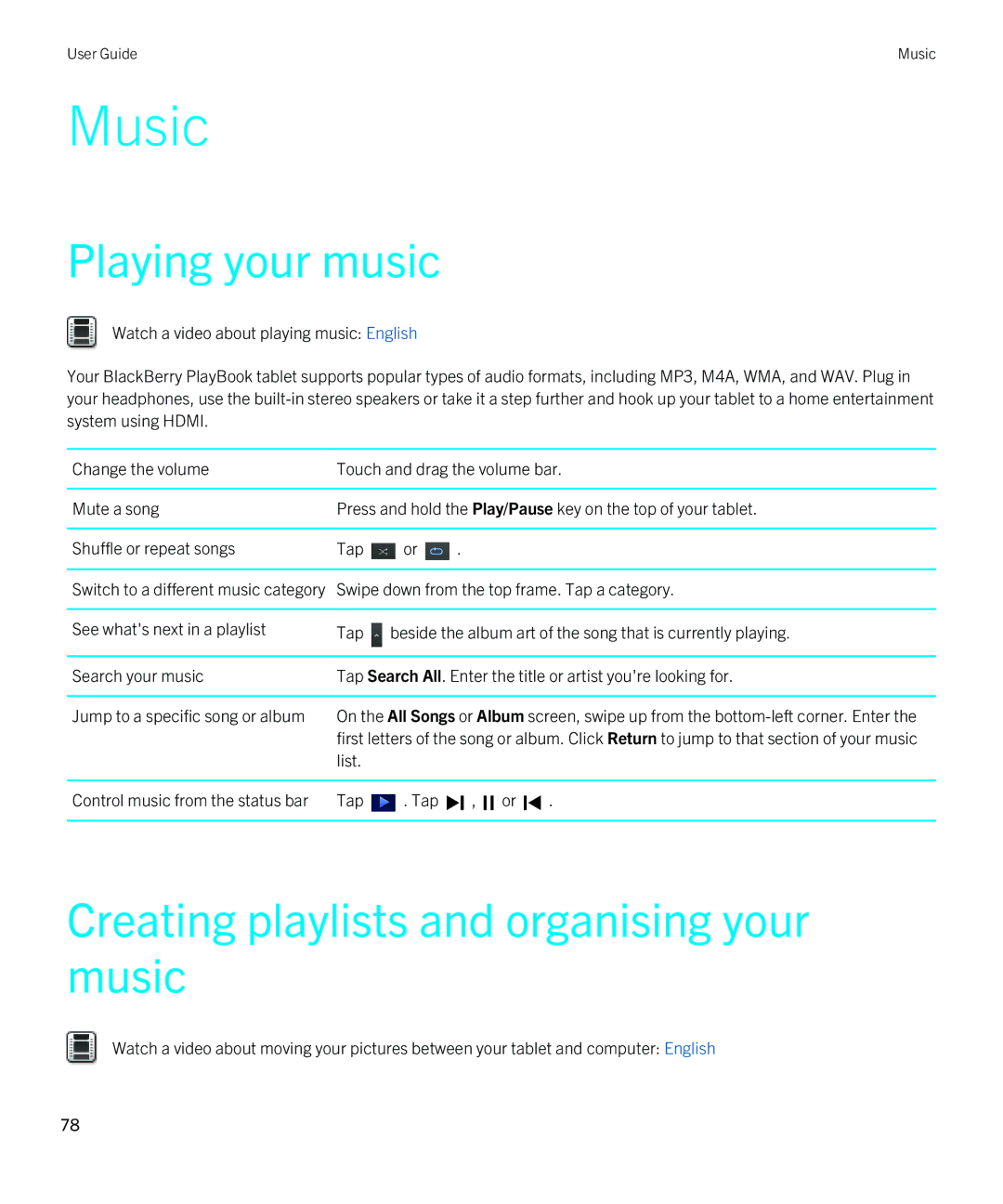 Blackberry 2.0.1 manual Music, Playing your music, Creating playlists and organising your music 