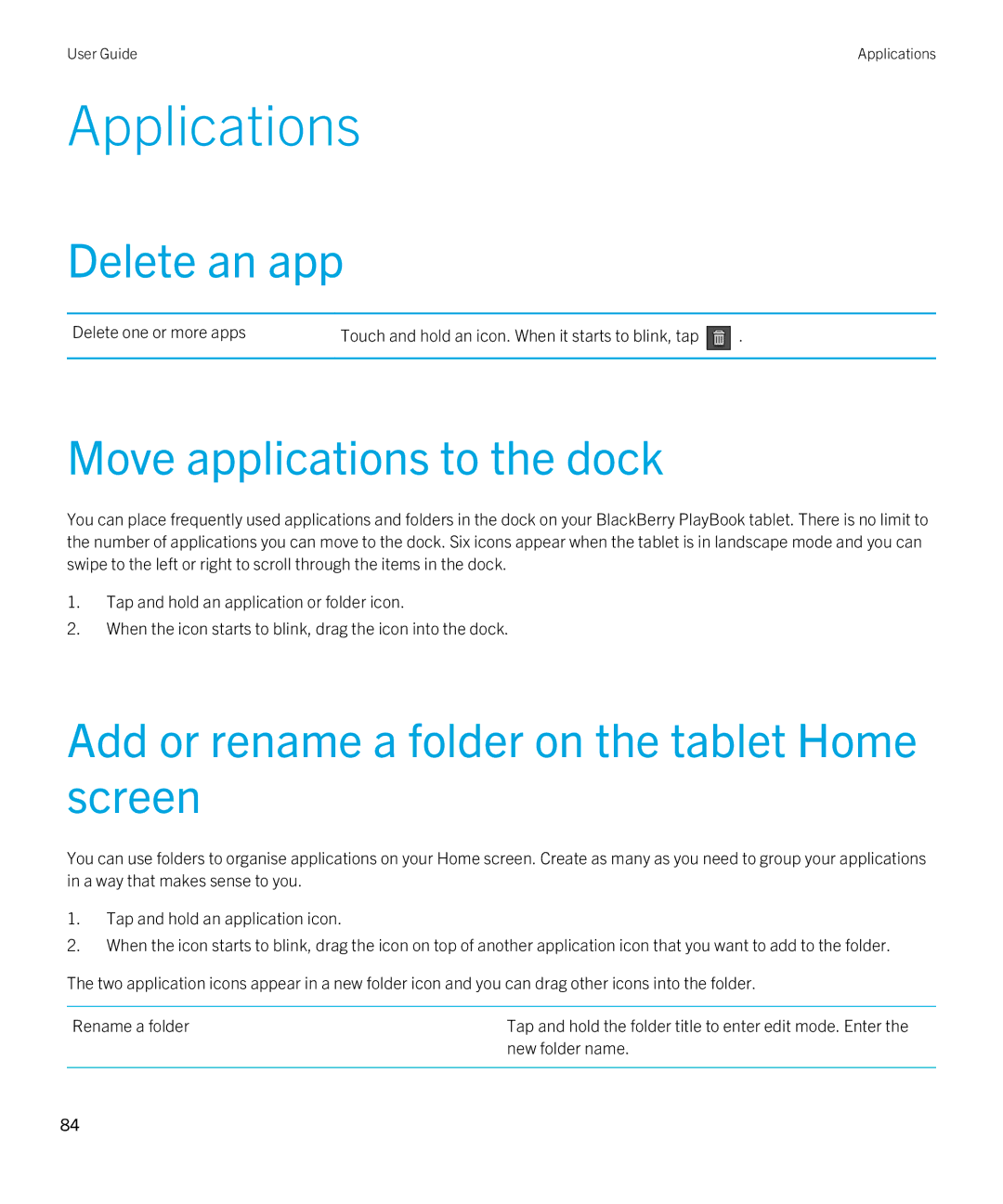 Blackberry 2.0.1 manual Applications, Delete an app, Move applications to the dock, Delete one or more apps 