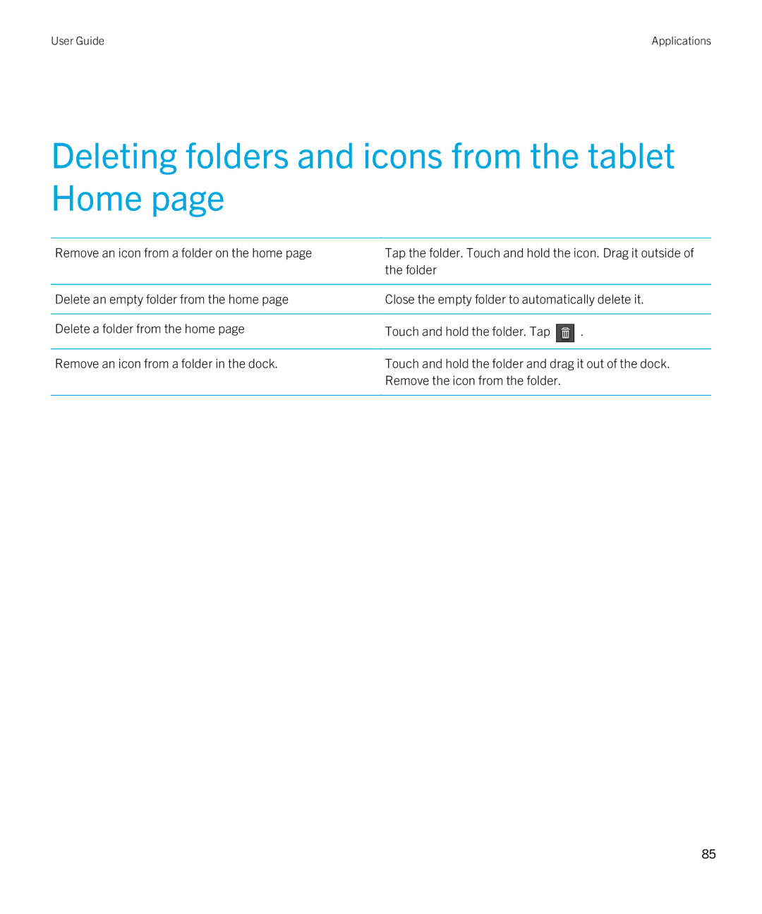 Blackberry 2.0.1 manual Deleting folders and icons from the tablet Home, Remove an icon from a folder on the home 