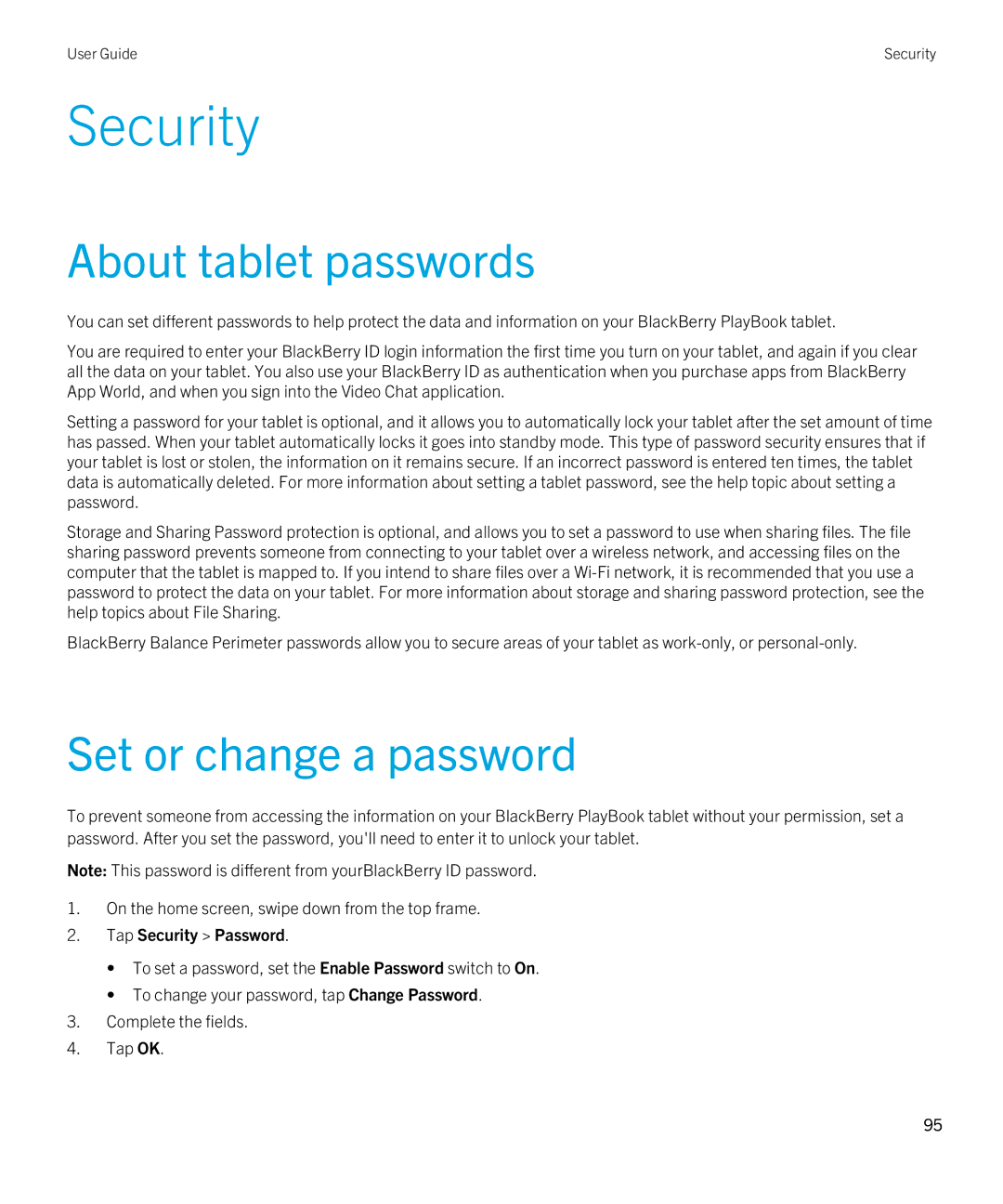 Blackberry 2.0.1 manual About tablet passwords, Set or change a password, Tap Security Password 