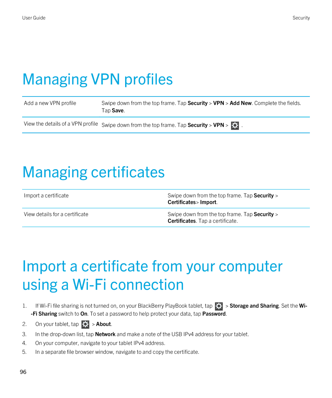 Blackberry 2.0.1 manual Managing VPN profiles, Managing certificates, Add a new VPN profile, Certificates Import 