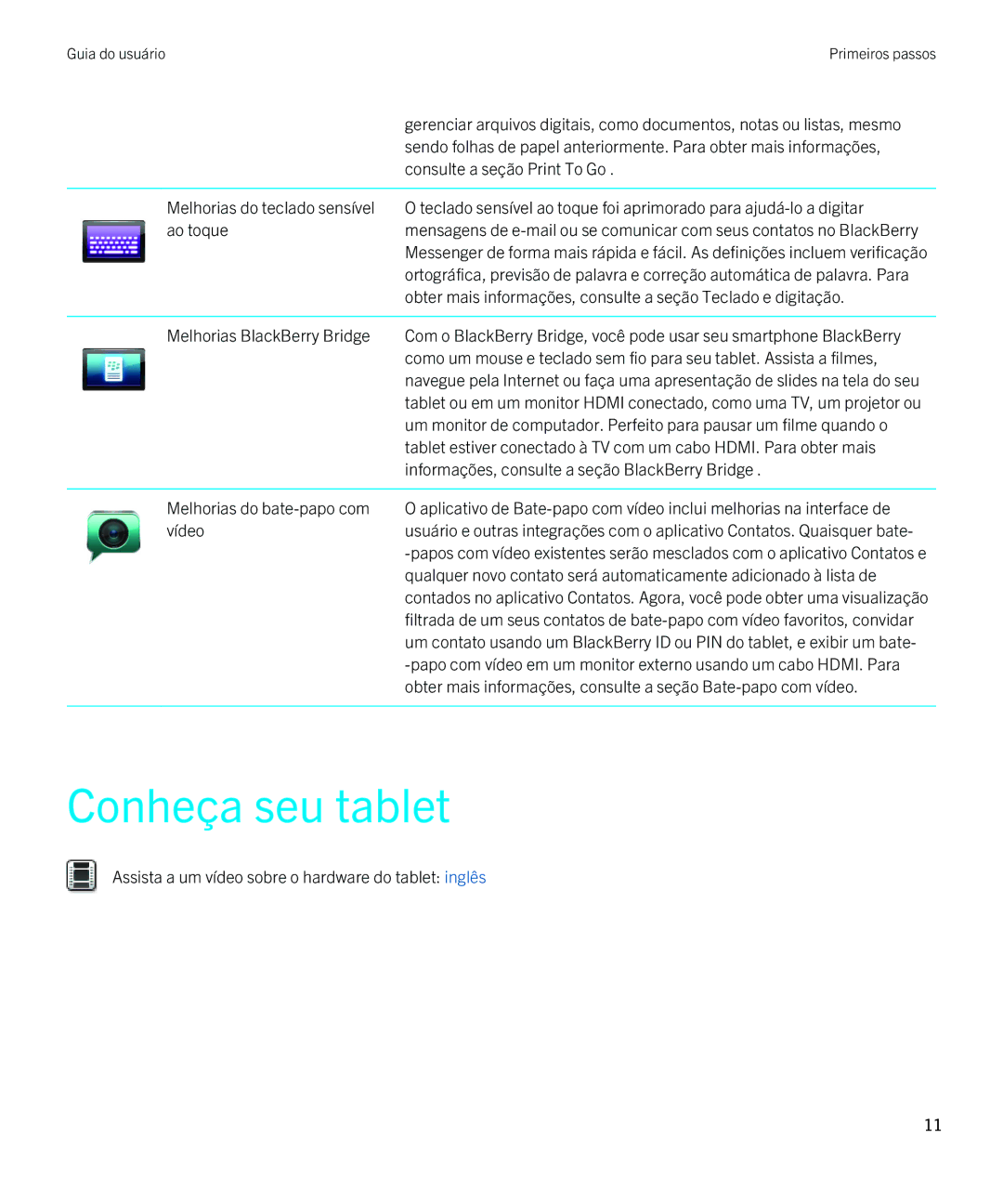 Blackberry 2.0.1 manual Conheça seu tablet, Consulte a seção Print To Go, Melhorias BlackBerry Bridge 