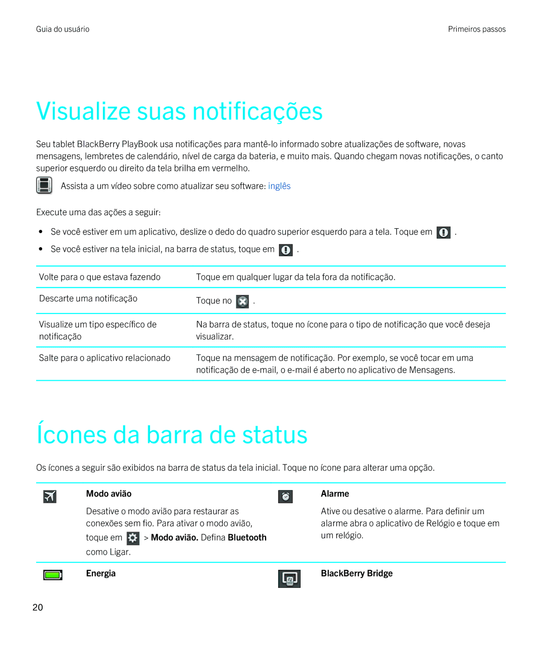 Blackberry 2.0.1 manual Visualize suas notificações, Ícones da barra de status, Modo avião, Toque em, Energia 