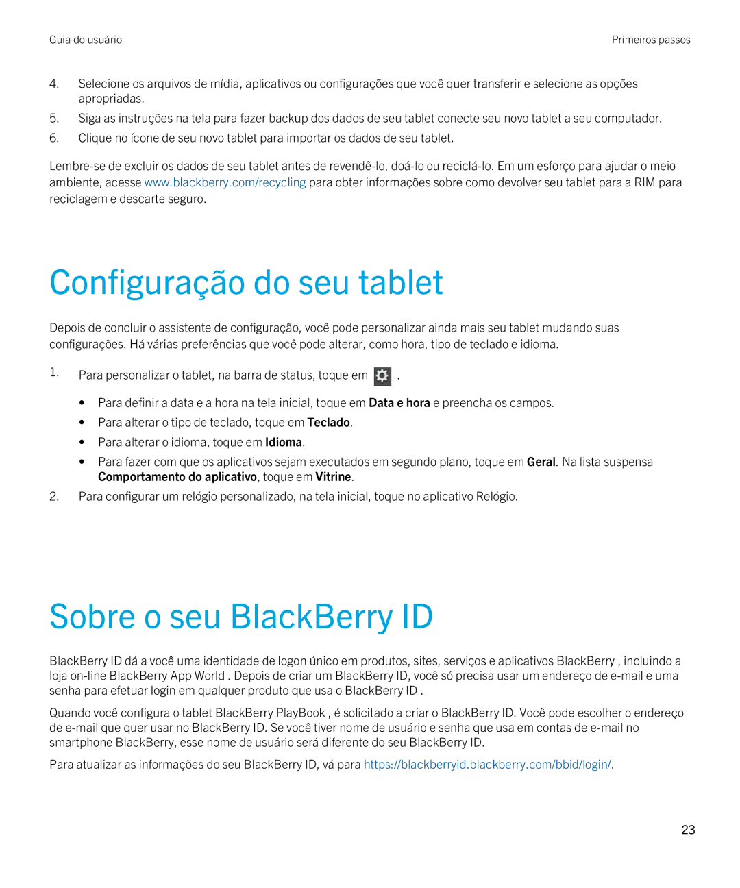 Blackberry 2.0.1 manual Configuração do seu tablet, Sobre o seu BlackBerry ID 