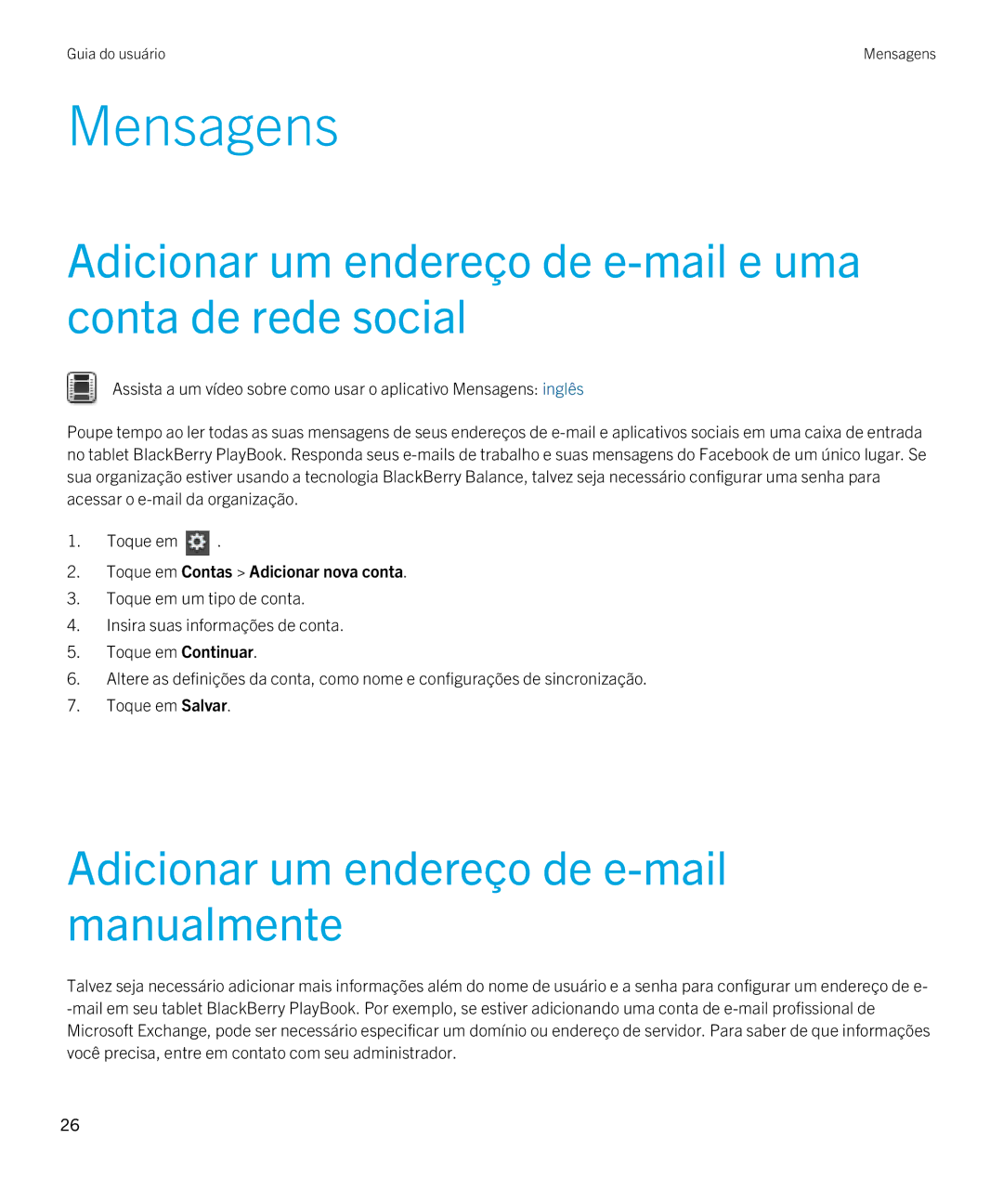 Blackberry 2.0.1 manual Mensagens, Adicionar um endereço de e-mail e uma conta de rede social 