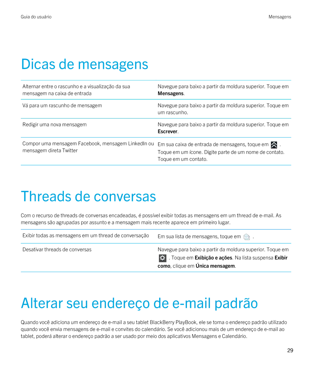 Blackberry 2.0.1 manual Dicas de mensagens, Threads de conversas, Alterar seu endereço de e-mail padrão 