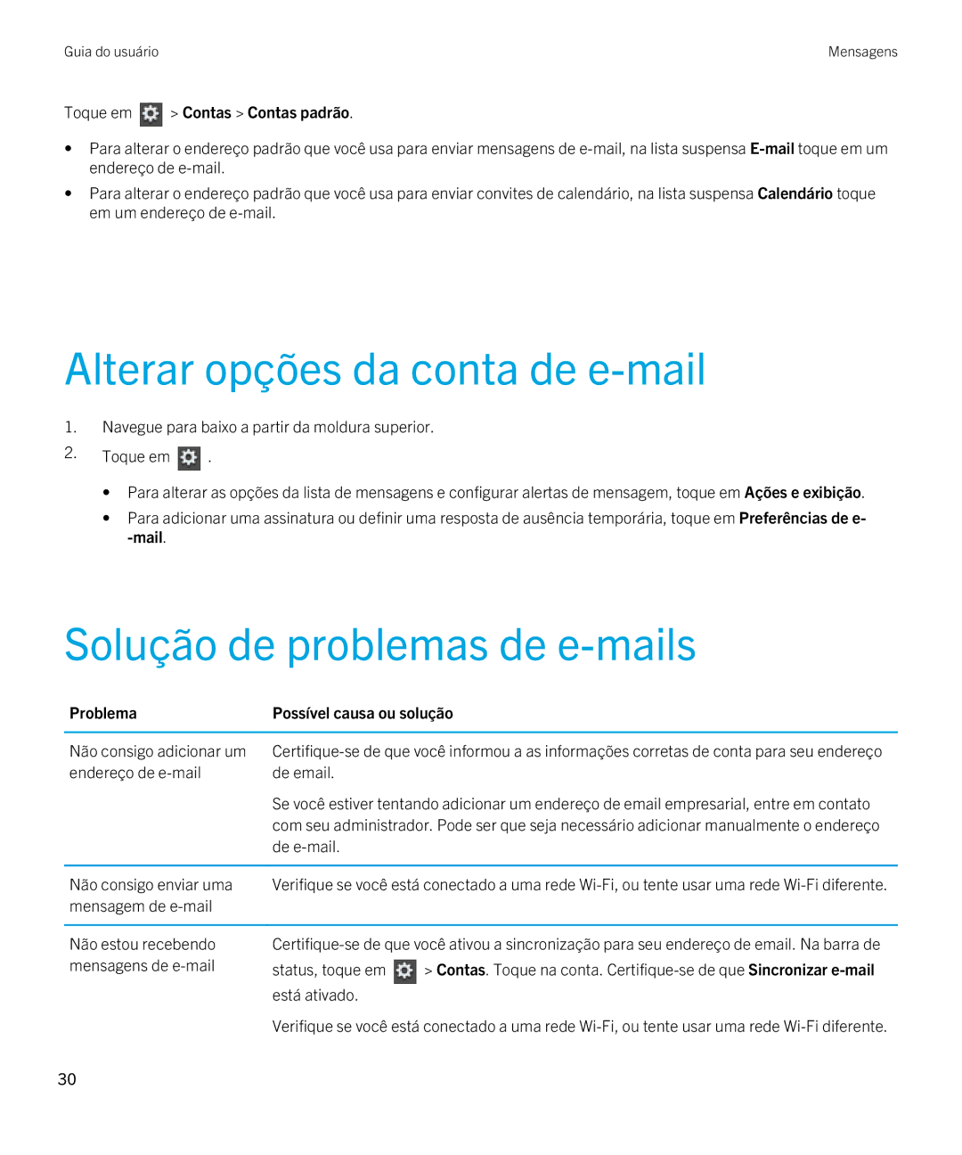 Blackberry 2.0.1 manual Alterar opções da conta de e-mail, Solução de problemas de e-mails, Toque em Contas Contas padrão 