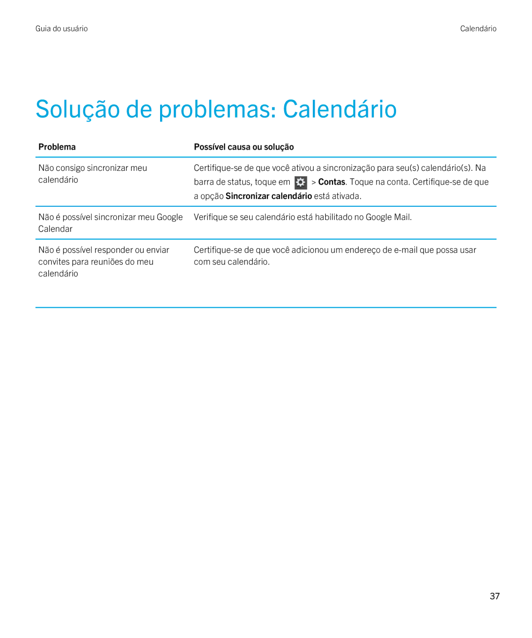 Blackberry 2.0.1 manual Solução de problemas Calendário, Não consigo sincronizar meu, Calendário Barra de status, toque em 