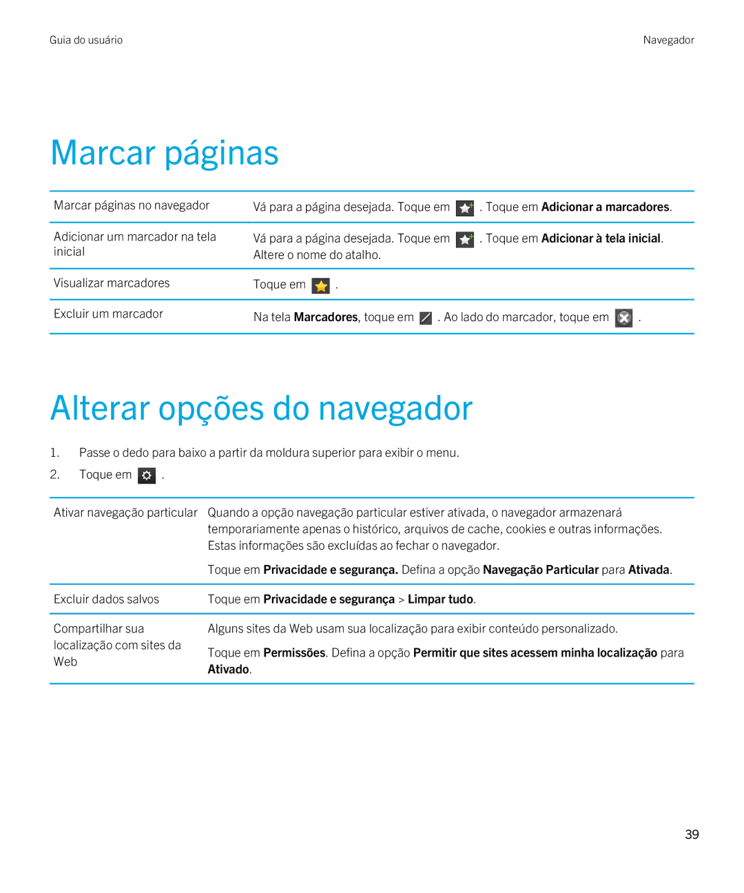 Blackberry 2.0.1 manual Marcar páginas, Alterar opções do navegador 