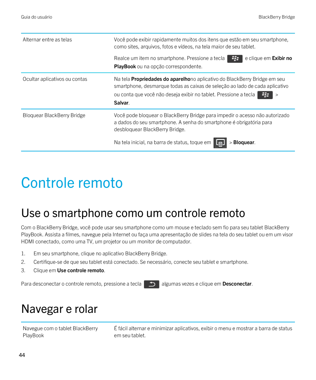 Blackberry 2.0.1 manual Controle remoto, Use o smartphone como um controle remoto, Navegar e rolar 