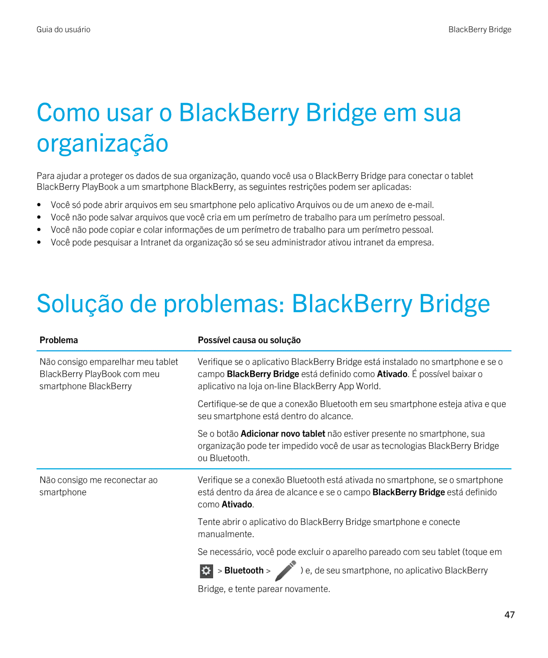 Blackberry 2.0.1 Como usar o BlackBerry Bridge em sua organização, Solução de problemas BlackBerry Bridge, Como Ativado 