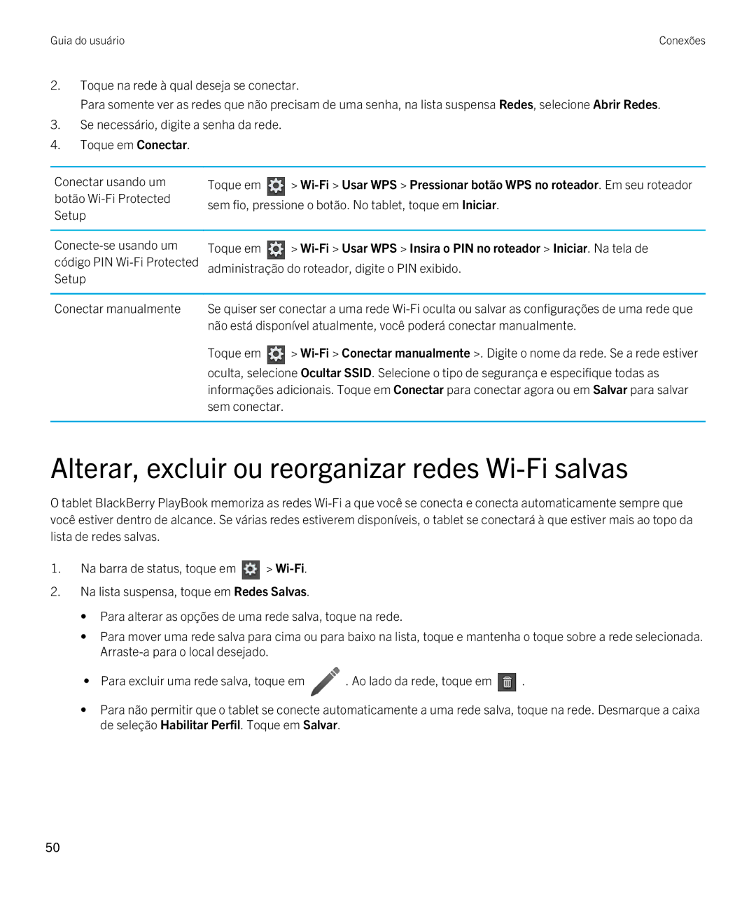 Blackberry 2.0.1 manual Alterar, excluir ou reorganizar redes Wi-Fi salvas, Sem conectar 