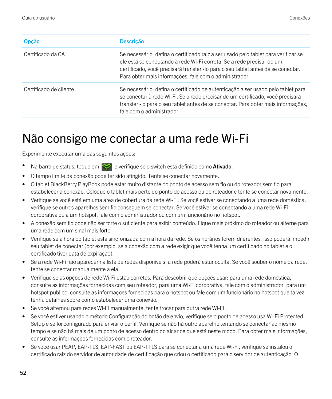 Blackberry 2.0.1 manual Não consigo me conectar a uma rede Wi-Fi, Certificado da CA, Certificado de cliente 