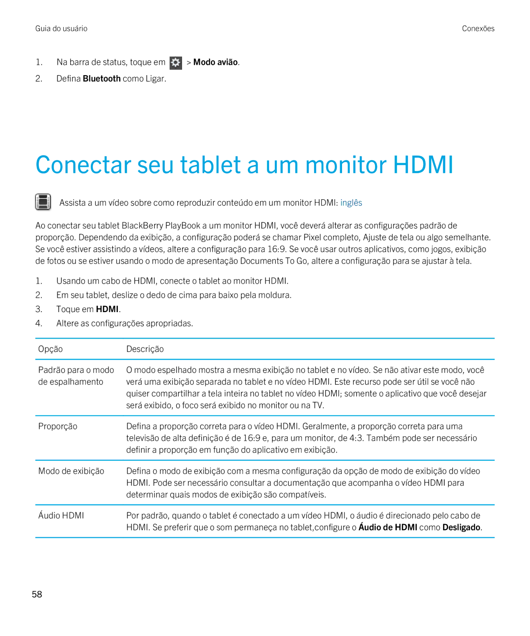 Blackberry 2.0.1 manual Conectar seu tablet a um monitor Hdmi 