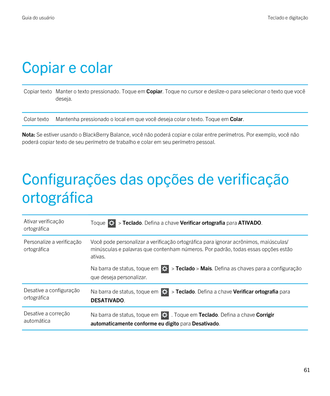 Blackberry 2.0.1 manual Copiar e colar, Configurações das opções de verificação ortográfica 