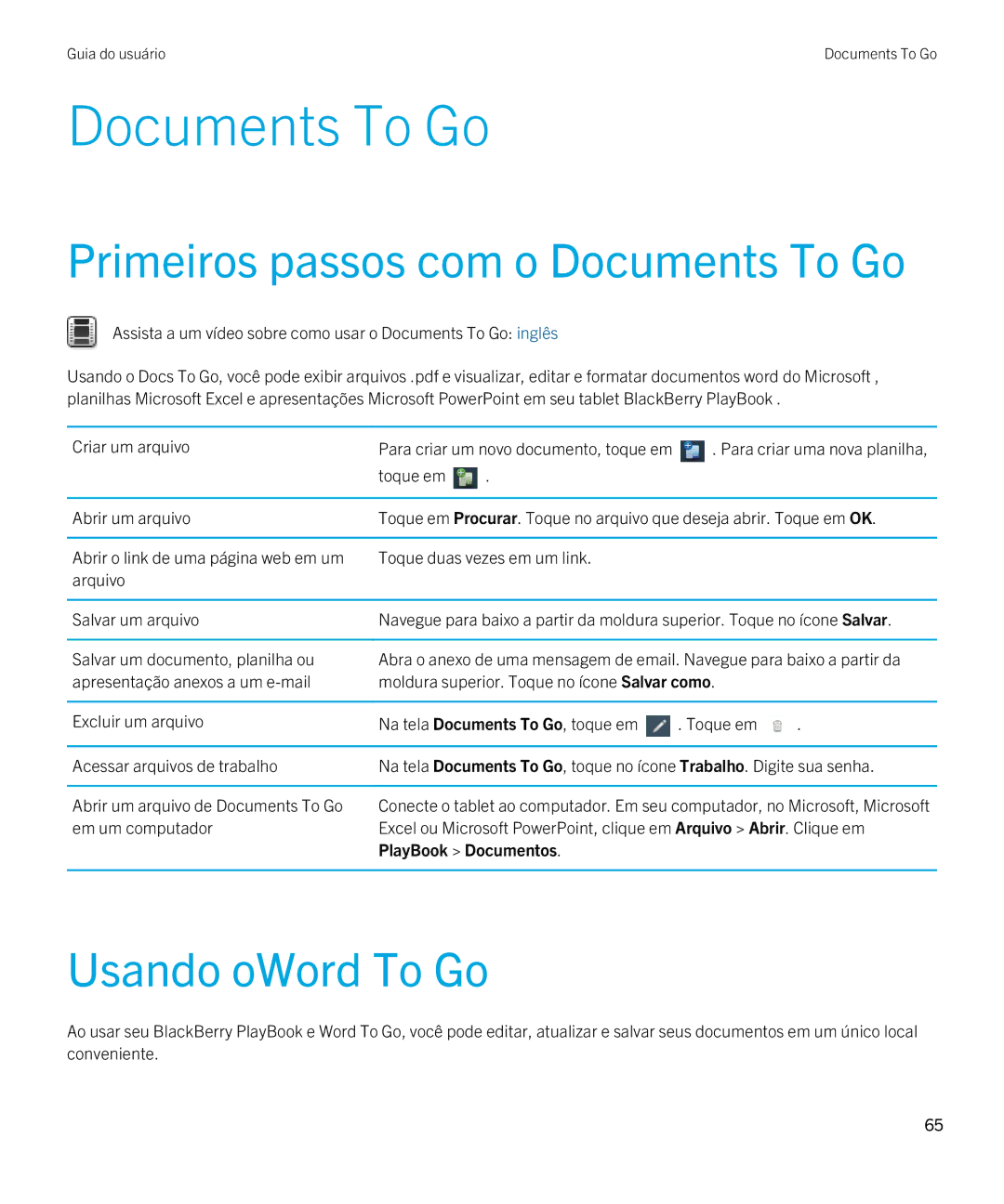 Blackberry 2.0.1 manual Primeiros passos com o Documents To Go, Usando oWord To Go, Para criar uma nova planilha 