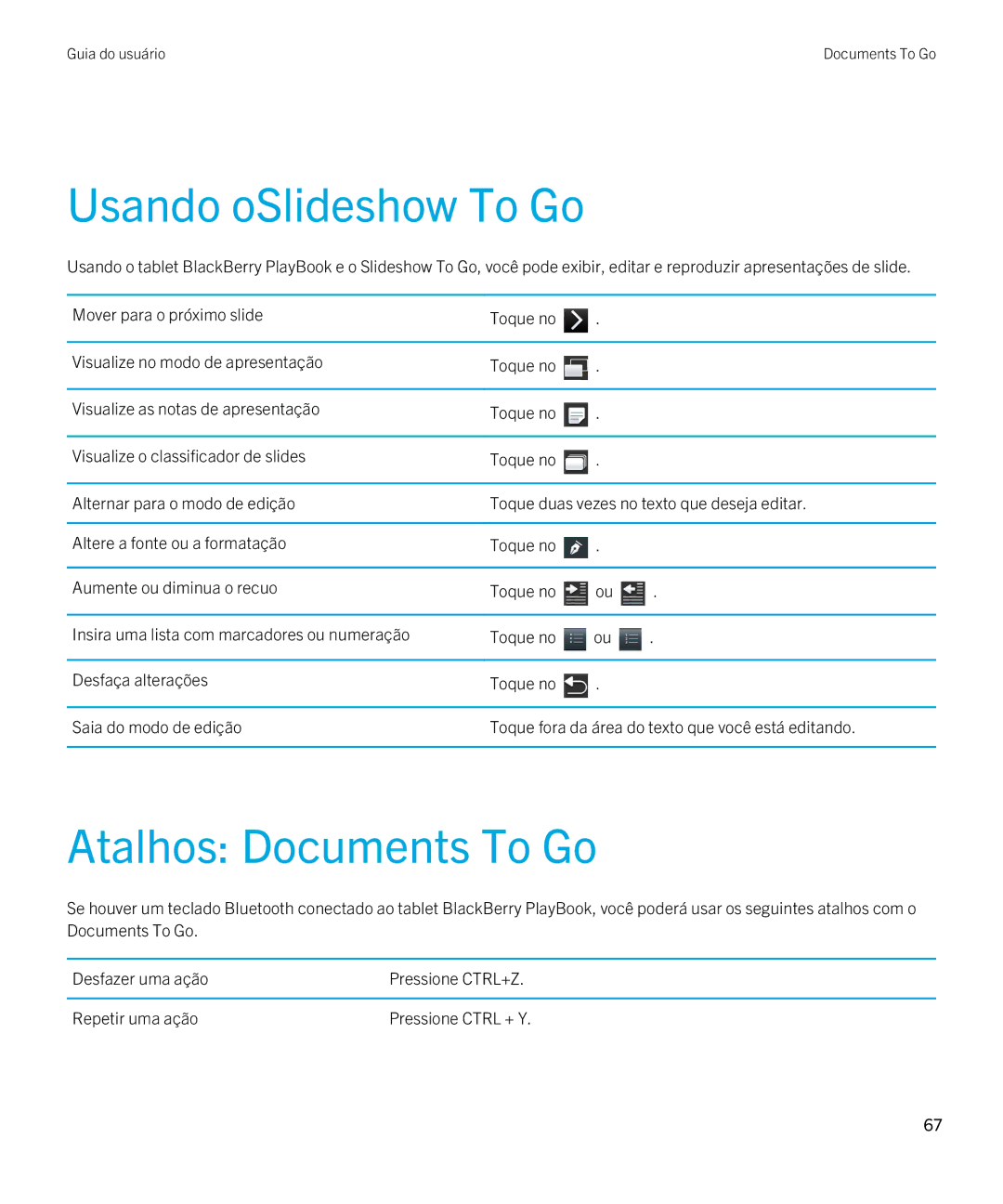 Blackberry 2.0.1 manual Usando oSlideshow To Go, Atalhos Documents To Go 