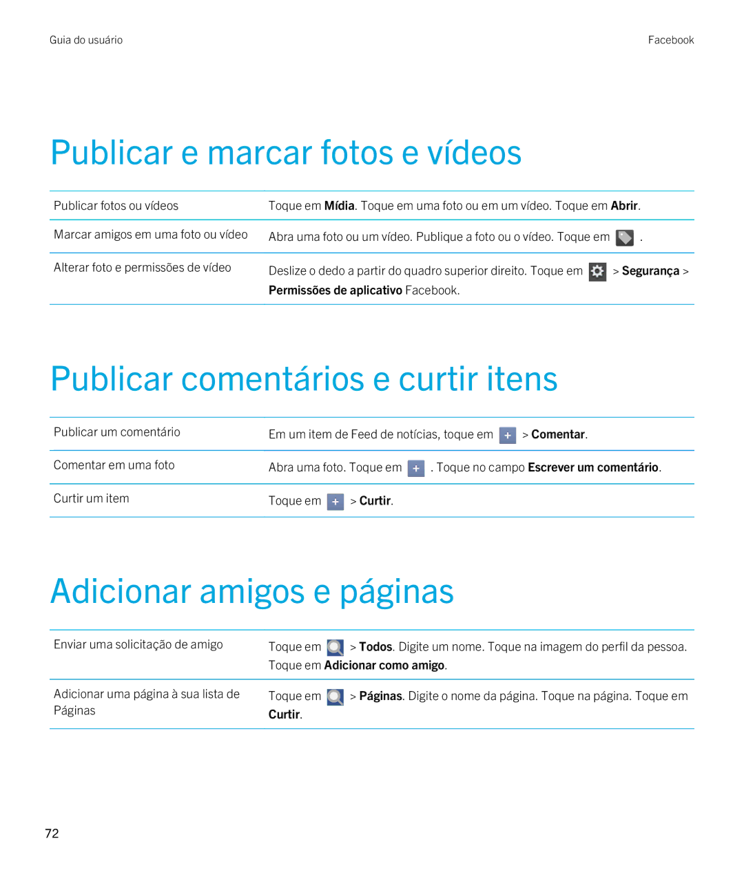 Blackberry 2.0.1 manual Publicar e marcar fotos e vídeos, Publicar comentários e curtir itens, Adicionar amigos e páginas 