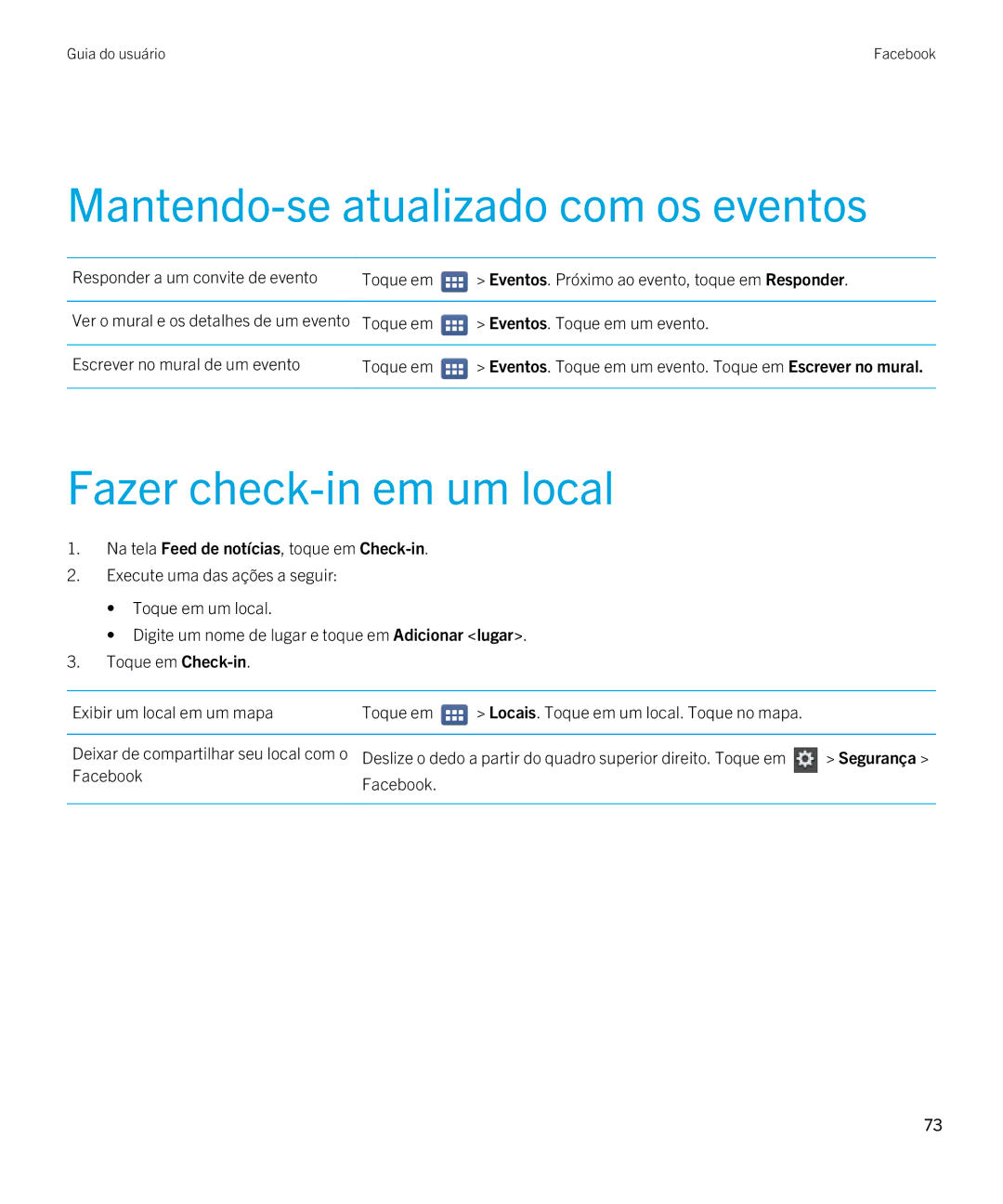 Blackberry 2.0.1 manual Mantendo-se atualizado com os eventos, Fazer check-in em um local, Facebook 